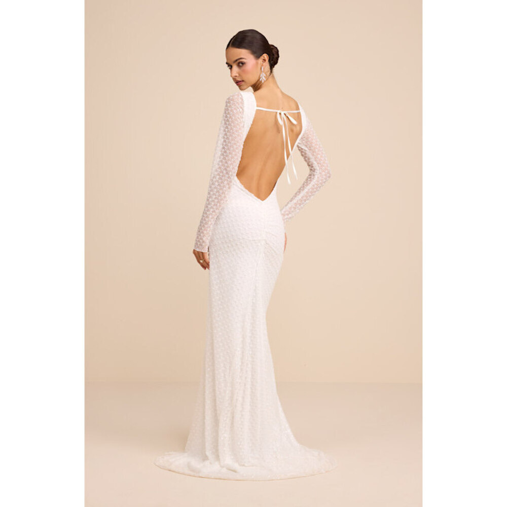 Lulus Mariani White Sequin Beaded Backless Long Sleeve Maxi Dress - Size M